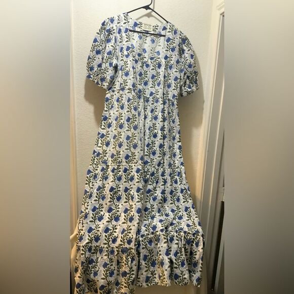 SZ Blockprints Blue Floral Midi A-Line Cotton Dress - Size Large - Picture 2 of 7